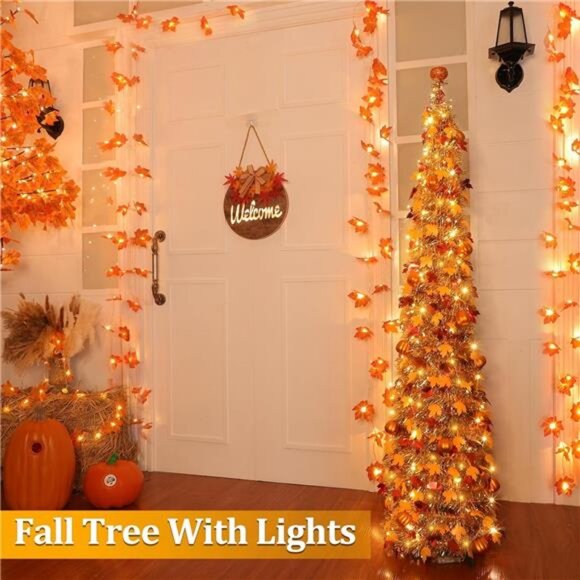 5 FT Fall Tree Fall Decor, Pop Up Tinsel Maples Tree with Timer 50 Warm White - Picture 5 of 7